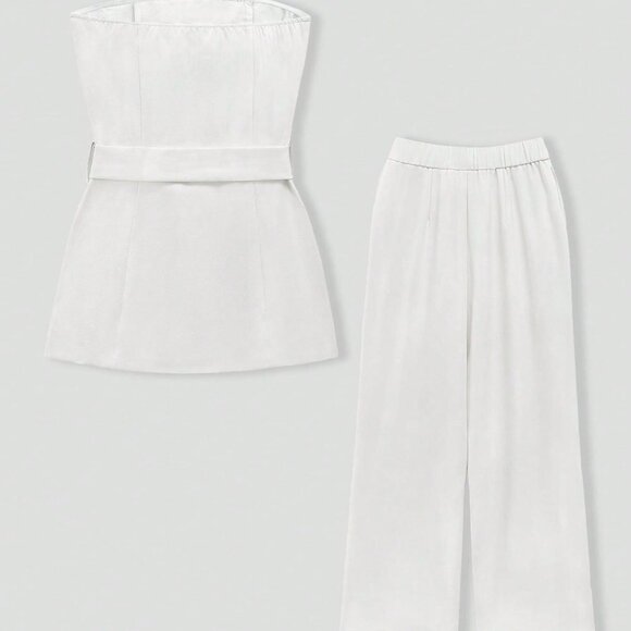 White Casual Women's Strapless Metal Button Top & Elastic Waist Pants Set - Picture 10 of 10